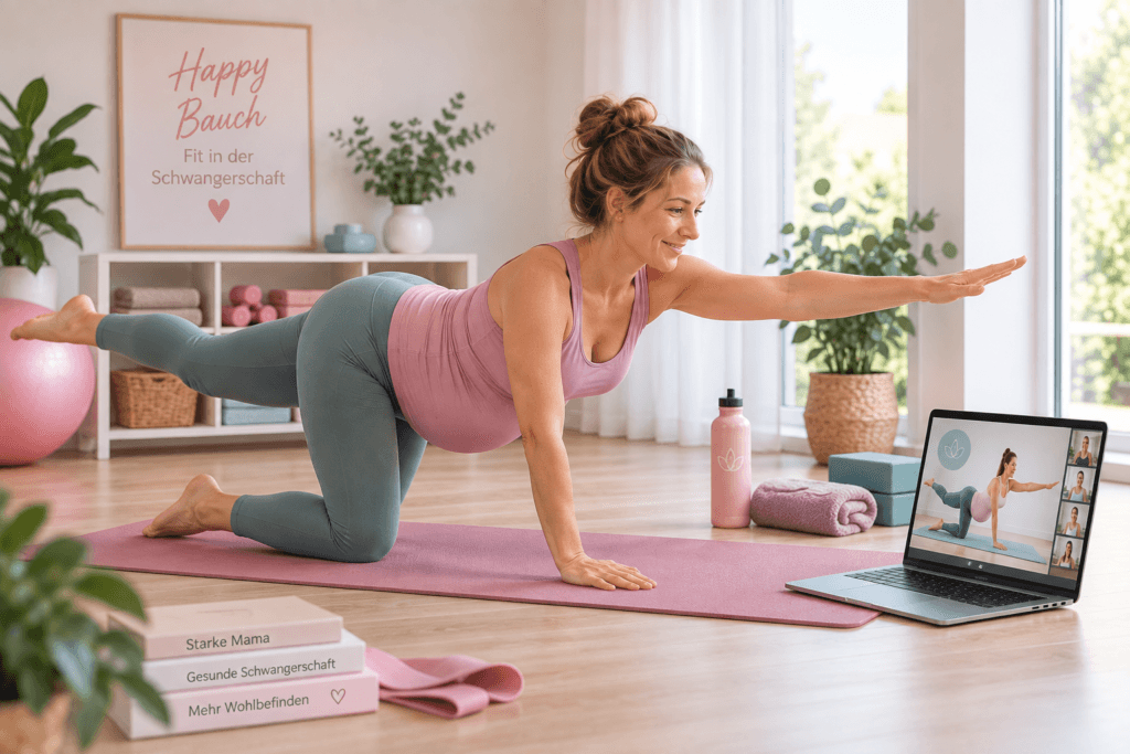 Schwangere beim Live-Online-Fitnesskurs Happy Bauch mit Laptop auf der Yogamatte