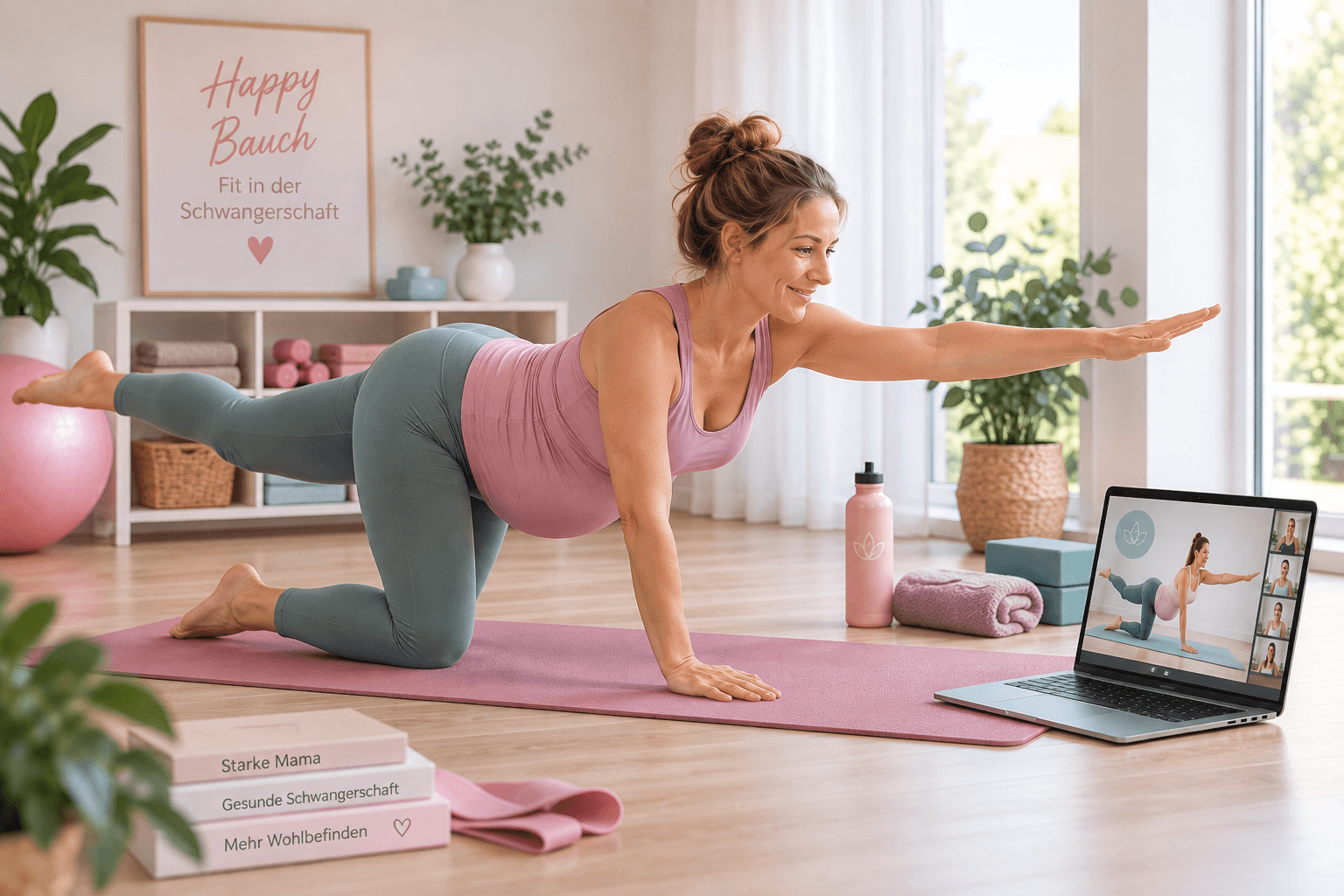 Schwangere beim Live-Online-Fitnesskurs Happy Bauch mit Laptop auf der Yogamatte