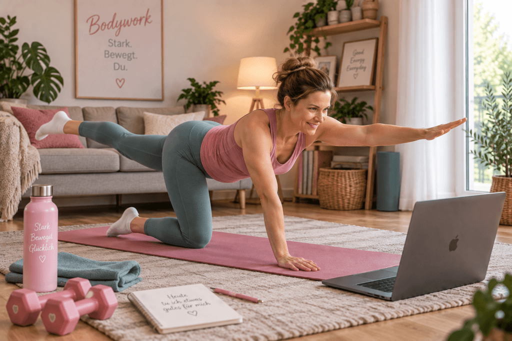 Frau beim Bodywork Live-Online-Ganzkörpertraining zu Hause vor dem Laptop